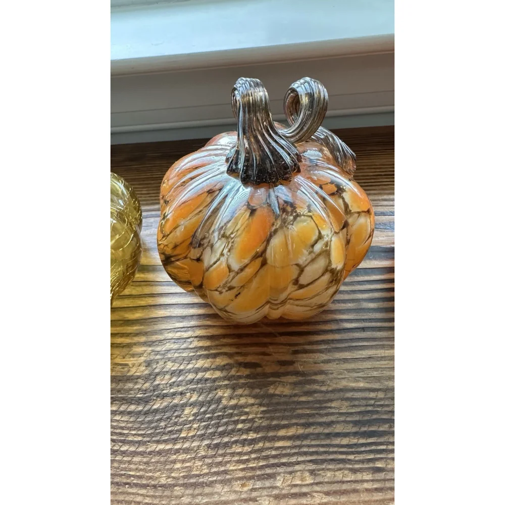 Set Of 3 Different Colorful Hand Blown Art Glass Pumpkins